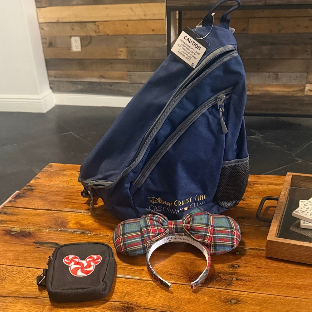Disney Navy Blue Cruise Line Sling Backpack with Plaid Minnie Ears